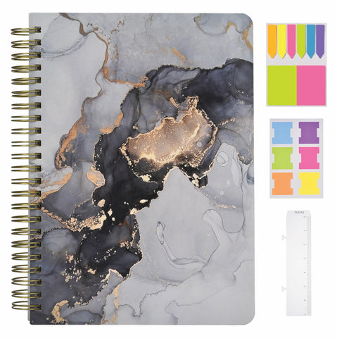 NELOVI Cute Mini Spiral Notebook, 8.25" x 6.25" Journal with Durable Hardcover and 160 College Lined Pages - 100 gsm Thick A5 Paper (Black Marble)