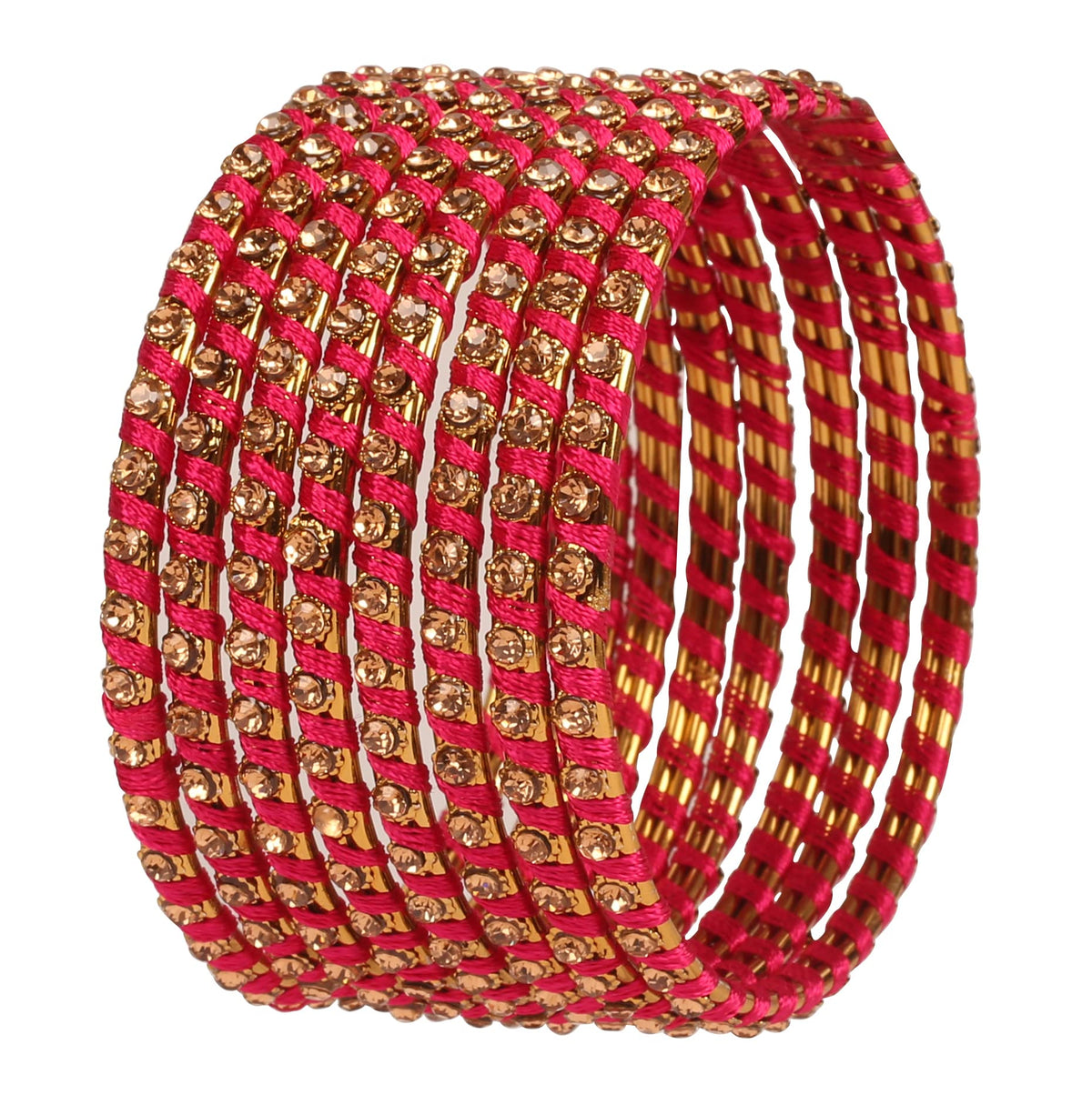 Touchstone New Silk Thread Bangle Collection Indian Bollywood Hand Woven Silk Thread Rani Color Rhinestone Designer Jewelry Special Large Size Bracelets Bangle Set of 8 for Women.