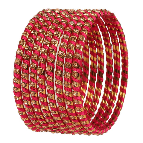 Touchstone New Silk Thread Bangle Collection Indian Bollywood Hand Woven Silk Thread Rani Color Rhinestone Designer Jewelry Special Large Size Bracelets Bangle Set of 8 for Women.