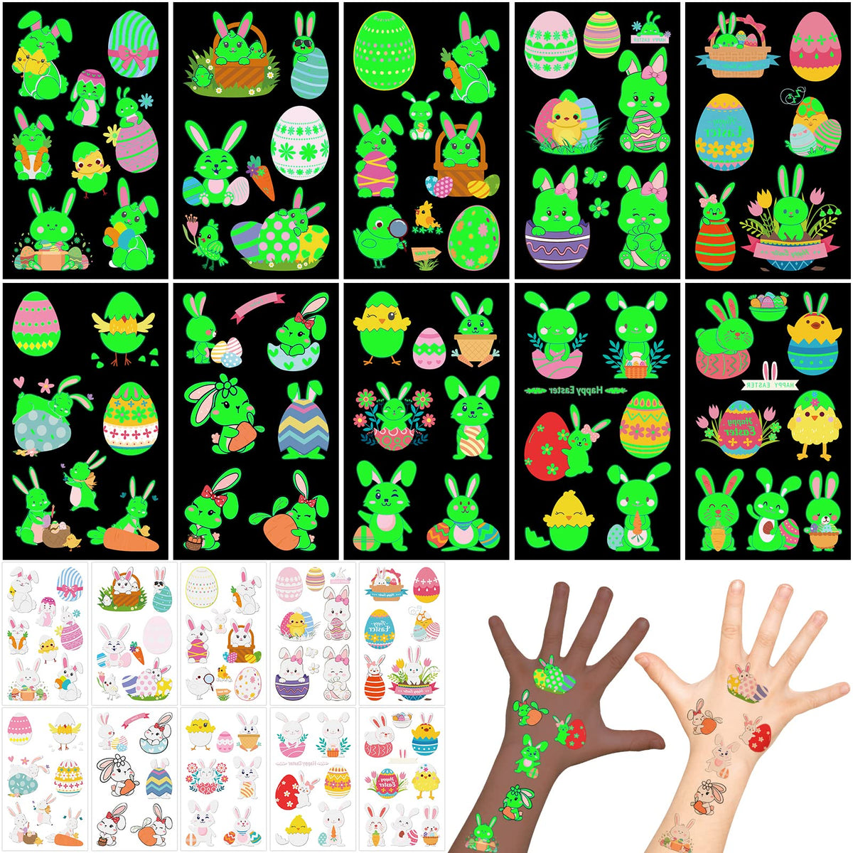 Luminous Easter Temporary Tattoos, Konsait Glow in the Dark Tattoos for Kids Rabbit Tattoos Easter Eggs Chicks Baskets Luminous Fake Tattoo Stickers Year of Rabbit Birthday Party Favors 10 Sheets