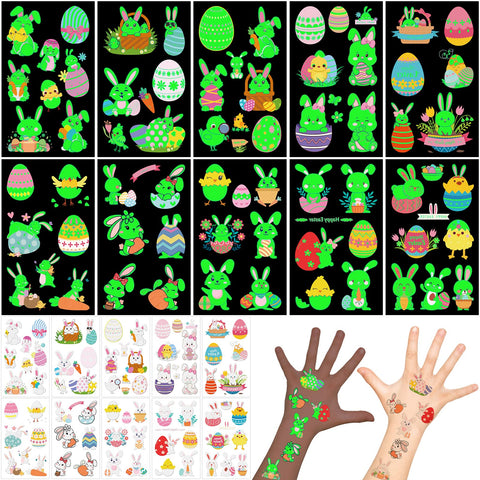 Luminous Easter Temporary Tattoos, Konsait Glow in the Dark Tattoos for Kids Rabbit Tattoos Easter Eggs Chicks Baskets Luminous Fake Tattoo Stickers Year of Rabbit Birthday Party Favors 10 Sheets