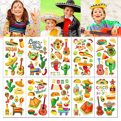 HOXIETA Cinco de Mayo Temporary Tattoos - 100pcs Mexico Deisgn Tattoos Stickers Happy Cinco de Mayo Fake Tattoos Stickers Decal for Mexican Themed Party Face Body Tattoo Decorations 10sheets
