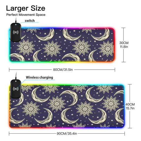 Boho Vintage Moon Sun Stars Wireless Charging Mouse Pad for Mobile Phone Extra Large Gaming Mousepad with 13 Lighting Modes Keyboard Mat for Gaming MacBook PC Laptop Desk Office Home