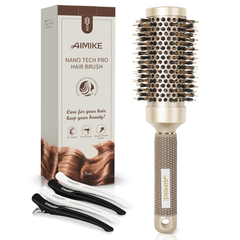 AIMIKE Round Hair Brush, Nano Thermal Ceramic & Ionic Tech Round Brush, Blow Dry Hair Brush with Boar Bristles, Barrel Brush for Styling, Curling, Add Volume & Shine (2.9 inch, Barrel 1.7 inch)