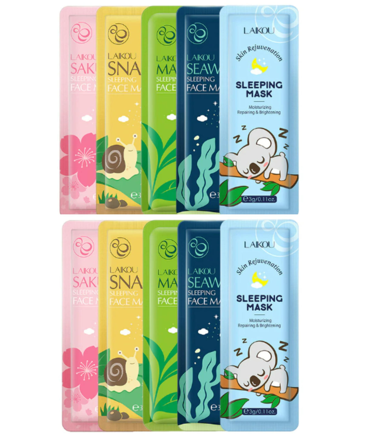 10 pc bundle Moisturizing Snail Matcha Sakura Seaweed Sleeping Face Mask Skincare