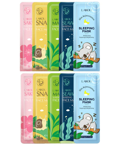 10 pc bundle Moisturizing Snail Matcha Sakura Seaweed Sleeping Face Mask Skincare