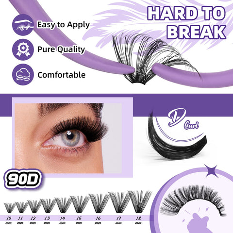 Lash Extension Kit for Beginners 280PCS 90D 10-18mm Eyelash Extension Kit Diy Lash Extension Kit Ultra - Soft Volume Lash Cluster Kit Mixed D Curl Lash Kit Individual Lashes Kit (90D-D-10-18Mix)