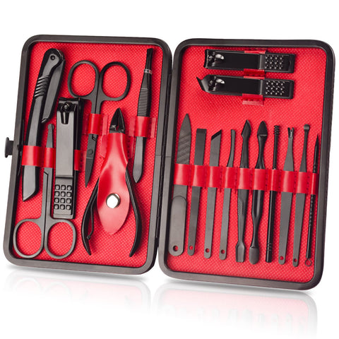 OWill Manicure Set, 18pcs Nail Clippers Pedicure Kit Nail Care Kit Manicure Professional Tools Gift For Men Women Friends and Parents (Black & Red)