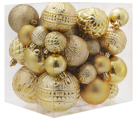 LUCKYCHRIS Gold Christmas Tree Decorations - 36pcs Shatterproof Ornaments Set with 6 Styles in 3 Sizes (Small, Medium, Large)