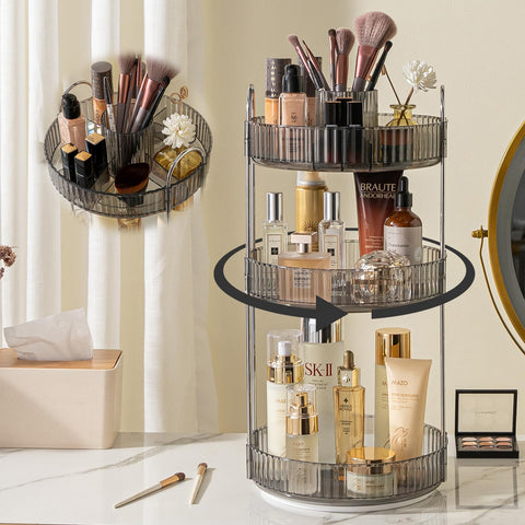 shuang qing 360Â° Rotating Makeup Organizer, High-Capacity Bathroom Countertop Vanity Organizers, 3 Tier Spinning Skincare Storage, for Perfume/Cosmetic/Makeup Brushes/Lotion?Grey?