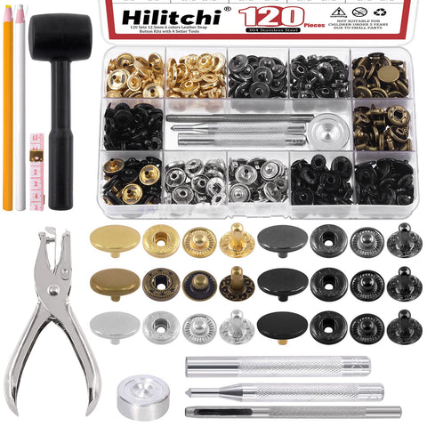 Hilitchi 129 Sets Leather Snap Fasteners Kit, 6 Colors 12.5mm Press Studs Metal Snaps Metal Button Snaps with Hammer, Hole Puncher, Setting Tools, Fabric Marker, Measuring Tape for Clothes, Jeans