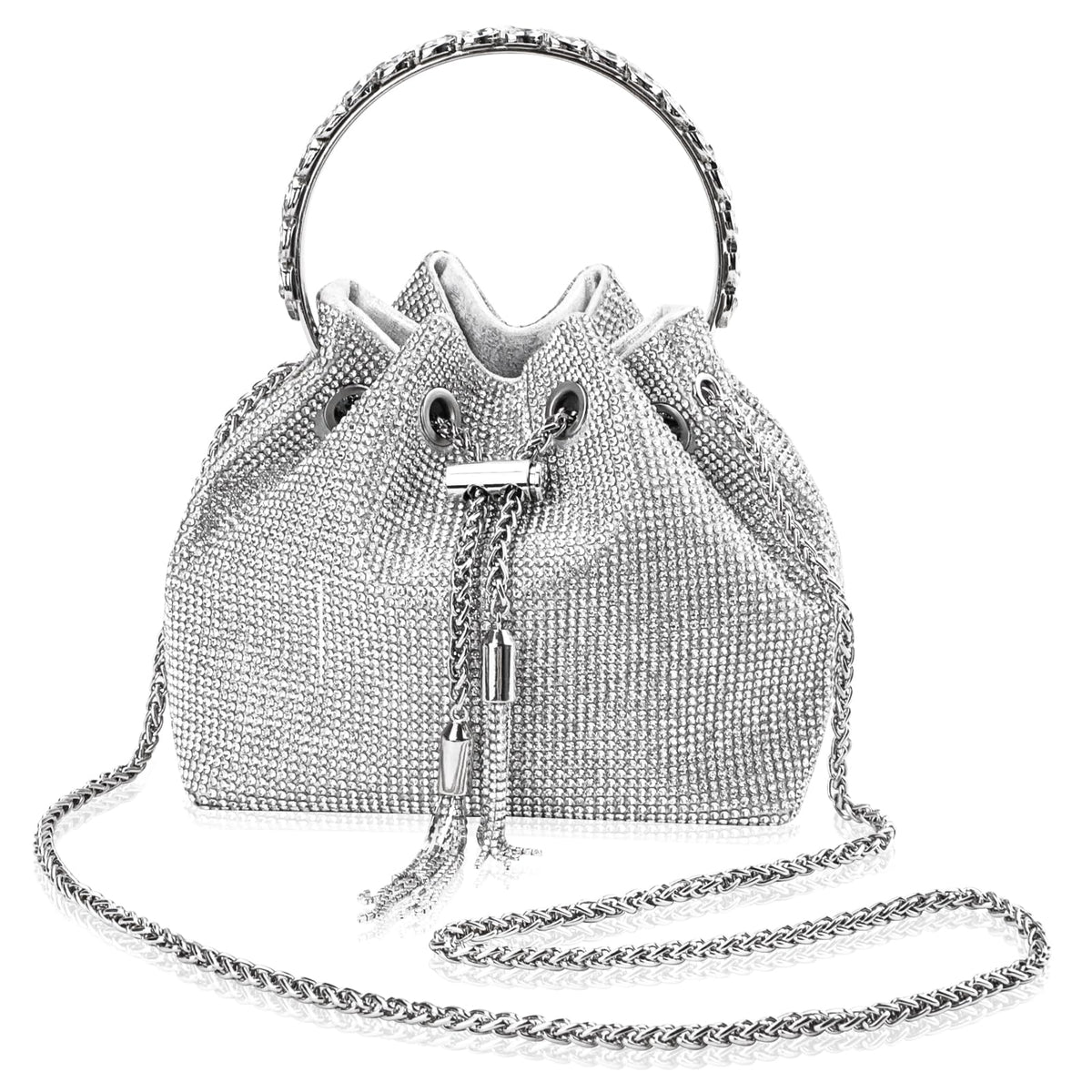 CIOUYAOS Handbag Shoulder Bag, Silver Clutch Bag for Women, Fashion Rhinestone Bucket Evening Bag for Wedding Formal Evening Prom Party Club