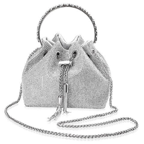 CIOUYAOS Handbag Shoulder Bag, Silver Clutch Bag for Women, Fashion Rhinestone Bucket Evening Bag for Wedding Formal Evening Prom Party Club