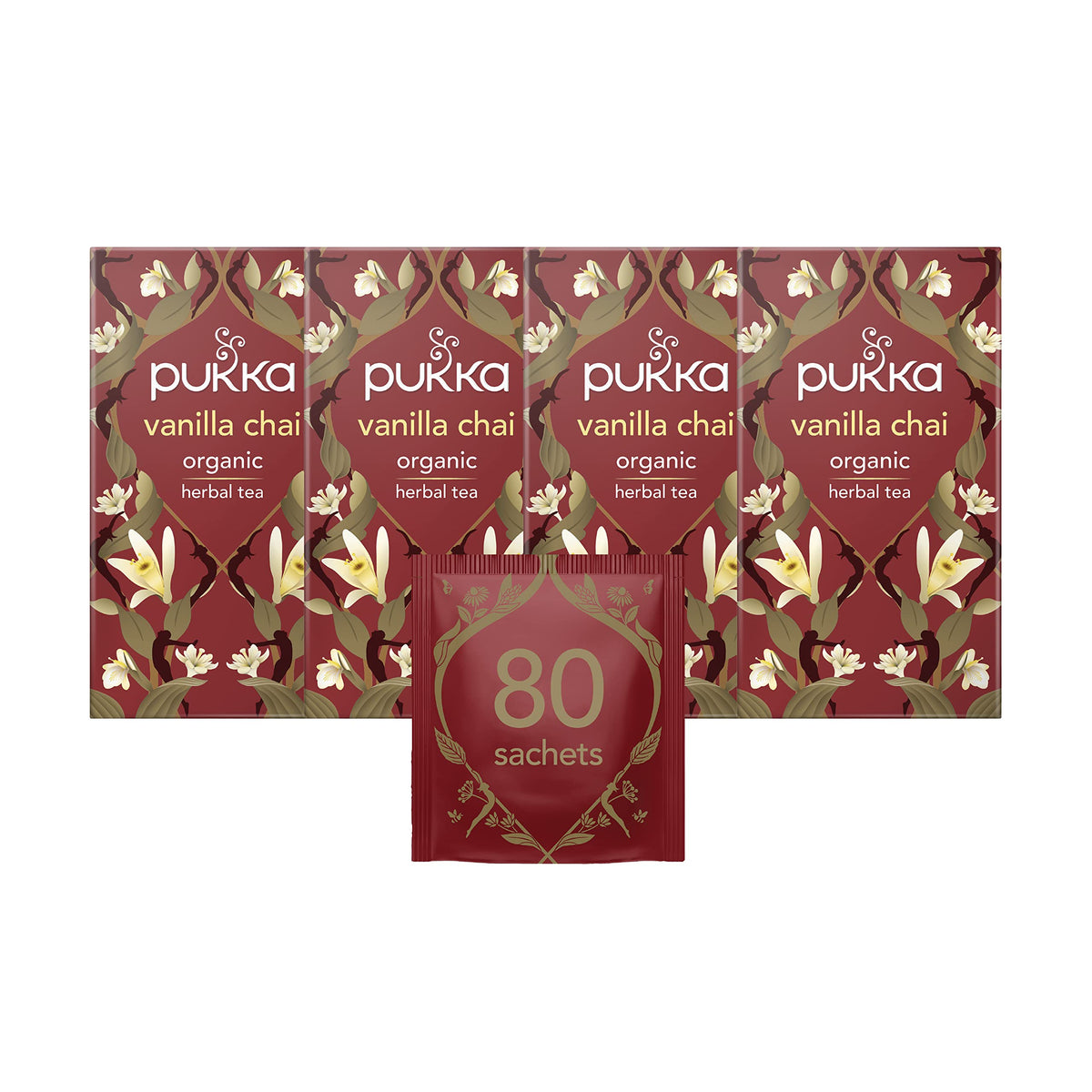 Pukka Herbs | Vanilla Chai Organic Herbal Tea Box | Energising Infusion With Cinnamon, Cardamom, Ginger, Fennel | Perfect For Vitality | Caffeine Free | 4 Packs | 80 Plant Based Biodegradable Tea Bags