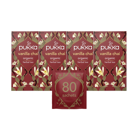 Pukka Herbs | Vanilla Chai Organic Herbal Tea Box | Energising Infusion With Cinnamon, Cardamom, Ginger, Fennel | Perfect For Vitality | Caffeine Free | 4 Packs | 80 Plant Based Biodegradable Tea Bags
