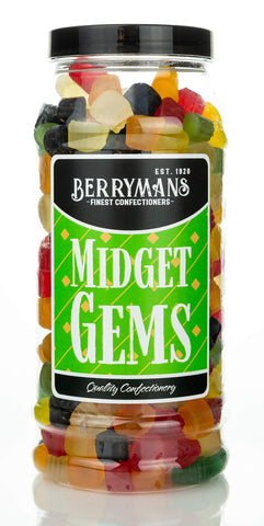 Original Midget Gems Retro Jelly Gummy Sweets Gift Jar By Berrymans Sweet Shop - Classic Sweets, Traditional Taste.