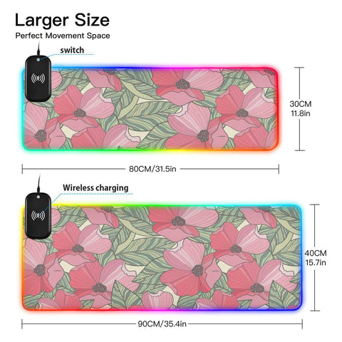 Hand Drawn Poppy Wireless Charging Mouse Pad for Mobile Phone Extra Large Gaming Mousepad with 13 Lighting Modes Keyboard Mat for Office Home Gaming MacBook PC Laptop Desk