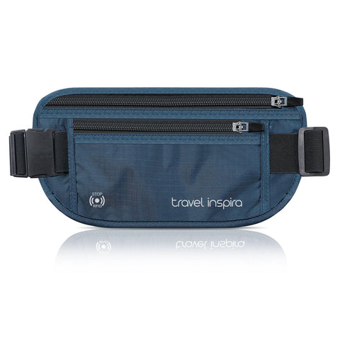 travel inspira Travel Money Belt with Anti-Theft Zippered Pull Slim Travel Pouch with RFID Blocking Fabric to Protect Credit Cash, Passports, and Documents Exclusive Theft Protection, Navy Blue