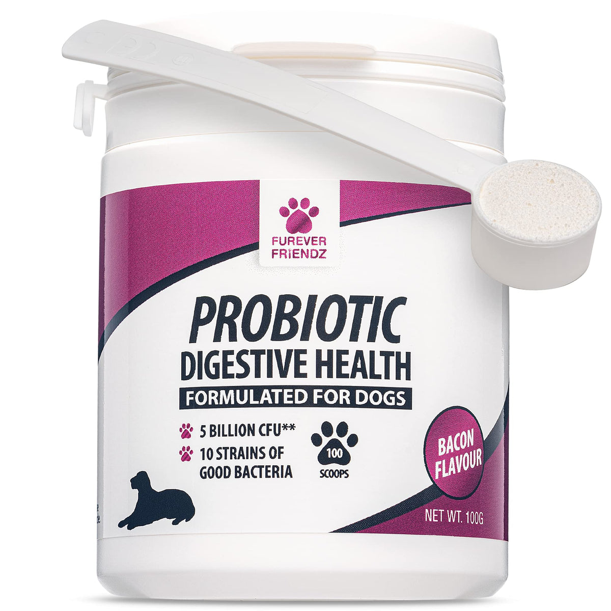 Dog Probiotic Powder - Bacon Flavour Probiotic for Dogs - Dog Digestive Supplements w/No Gluten or Dairy - Mix-In Powdered Probiotics for Dogs Powder by Furever Friendz