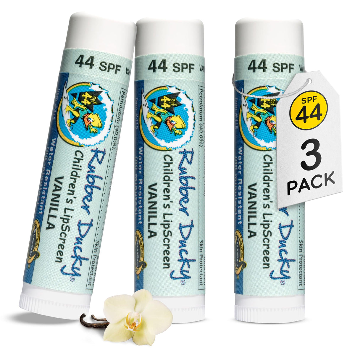 Rubber Ducky Lip Balm SPF 44 Children's Lip Sunscreen | Water Resistant | Vegan | Broad Spectrum Lip Care | Vitamin E for Moisturized Lips | Vanilla Flavor | .15 oz Each | 3 Pack