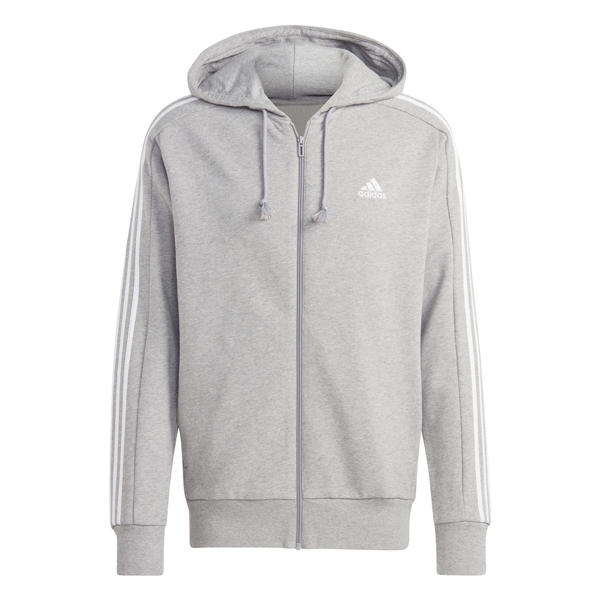 adidas Men's Essentials French Terry 3-Stripes Full-Zip Hoodie, Medium Grey Heather/White, XS