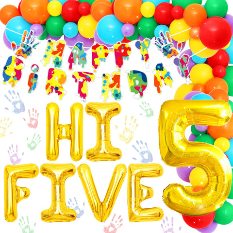 JeVenis Rainbow Hi Five Birthday Party Decorations 5th Birthday Party Decorations Boys Girls Rainbow Balloons High Five Birthday Backdrop Five Year Old Birthday Party Supplies Favors
