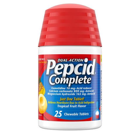 Pepcid Complete Acid Reducer + Antacid Chewable Tablets, Tropical Fruit, 25 ct (557951)