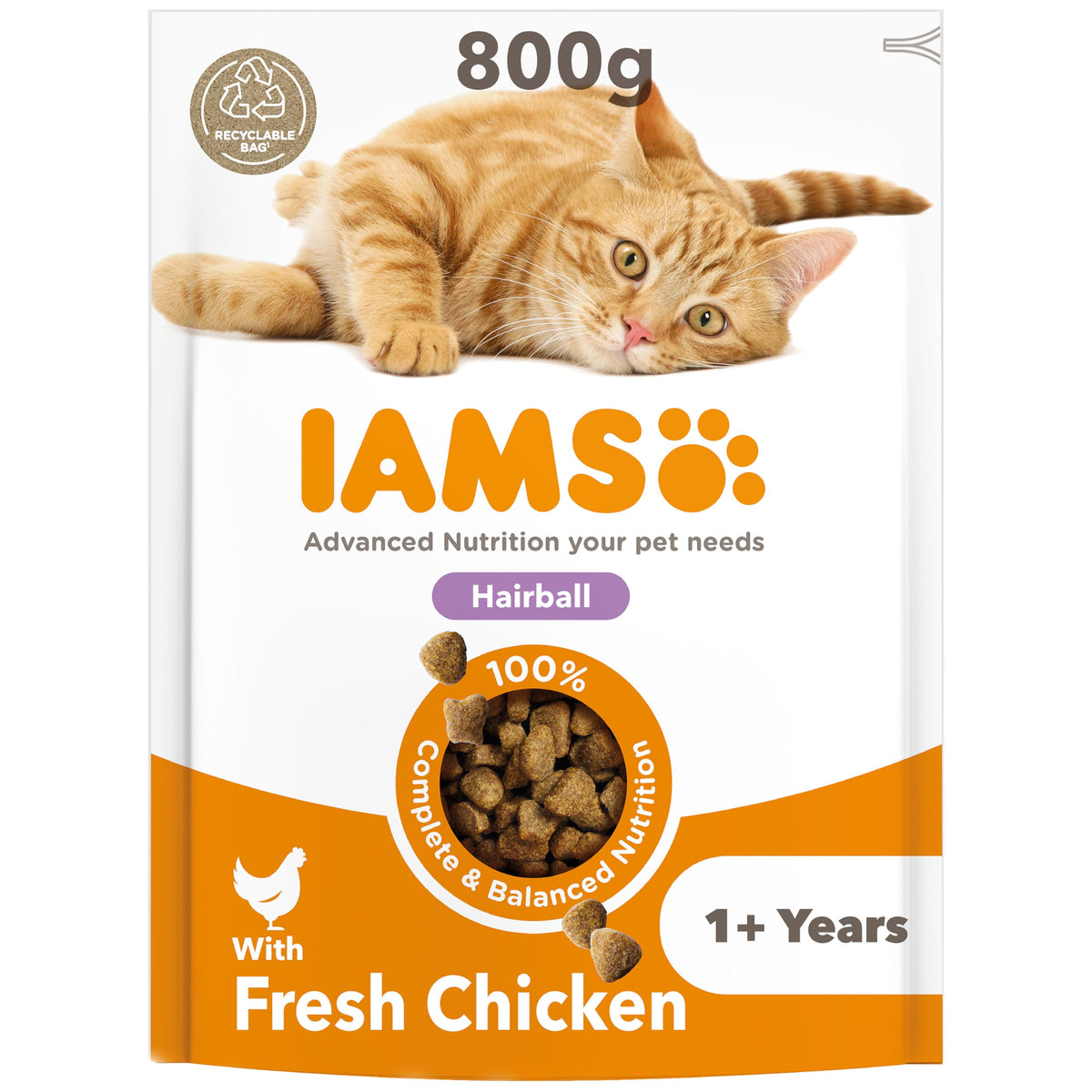 IAMS Hairball Complete Dry Cat Food for Adult and Senior Cats with Chicken 800 g