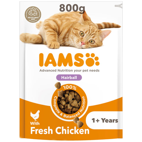 IAMS Hairball Complete Dry Cat Food for Adult and Senior Cats with Chicken 800 g