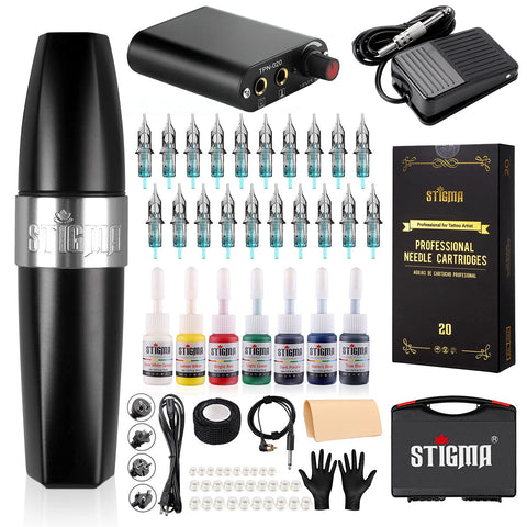 Stigma Tattoo Pen Machine Kit Rotary Complete Tattoo Set with 20Pcs Cartridges Needles Power Supply Tattoo Kit with Plastic Box for Beginners and Tattoo Artists EM123KITP162-1-UK