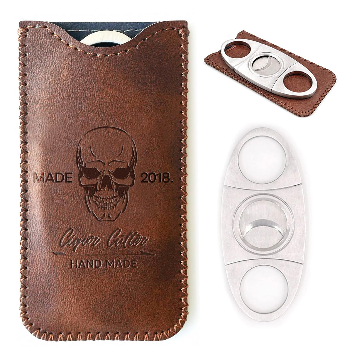menesia Stainless Steel Cigar Cutter with Leather Case,Double Blade for a Precise Perfect Cut(Brown skull)