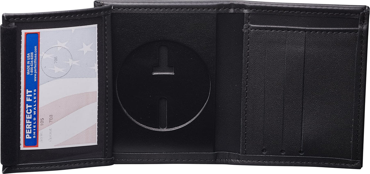 Perfect Fit Shield Wallets Round Police Badge Holder 2.5 Inches Round Hidden Badge Bi-Fold Wallet (Cutout PF-708) Black Leather