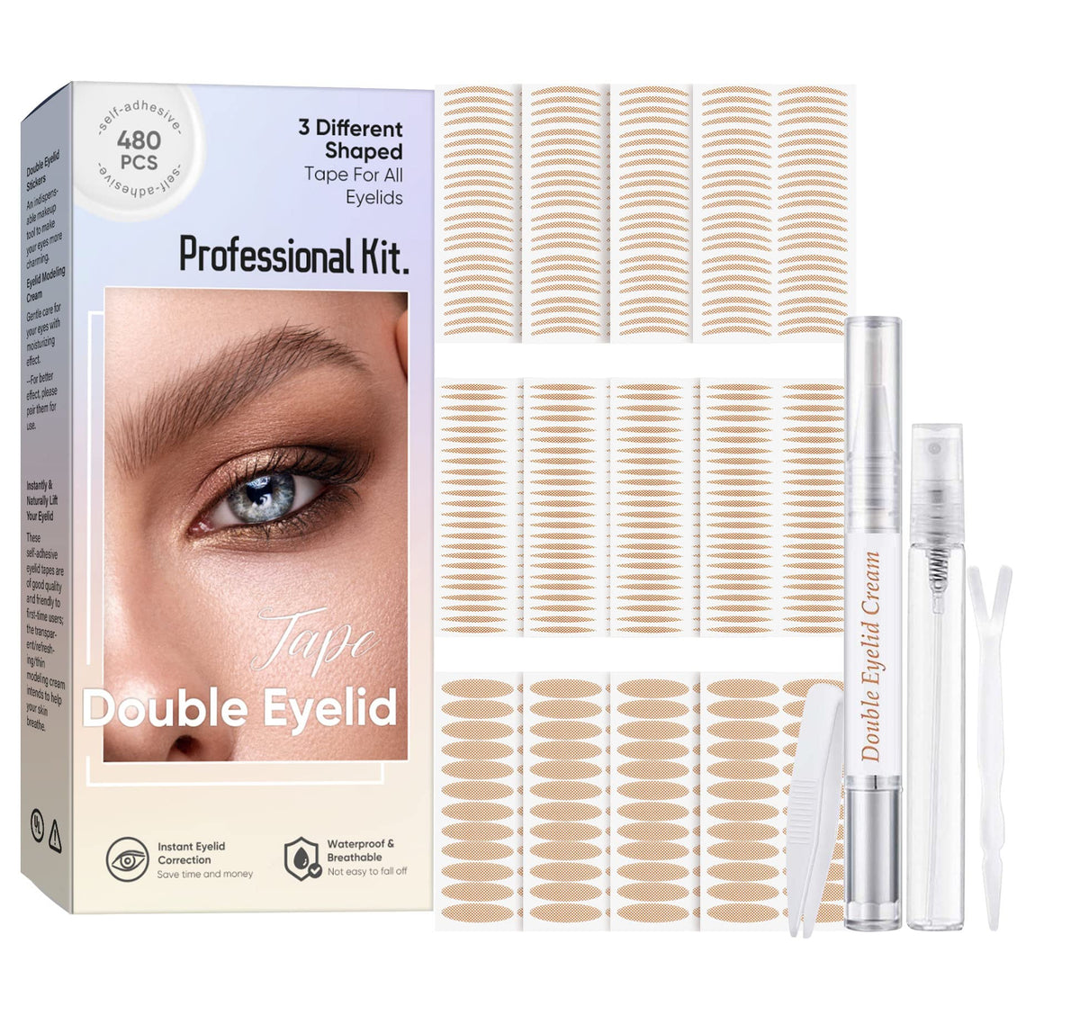 Generic Eyelid Tape, 480 PCS Double Eyelid Tape for Hooded Eyes Invisible, Waterproof Double Eyelid Strips for Droopy Eyes, Uneven & Monolids, with Fork Rods and Tweezers