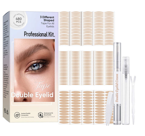 Generic Eyelid Tape, 480 PCS Double Eyelid Tape for Hooded Eyes Invisible, Waterproof Double Eyelid Strips for Droopy Eyes, Uneven & Monolids, with Fork Rods and Tweezers