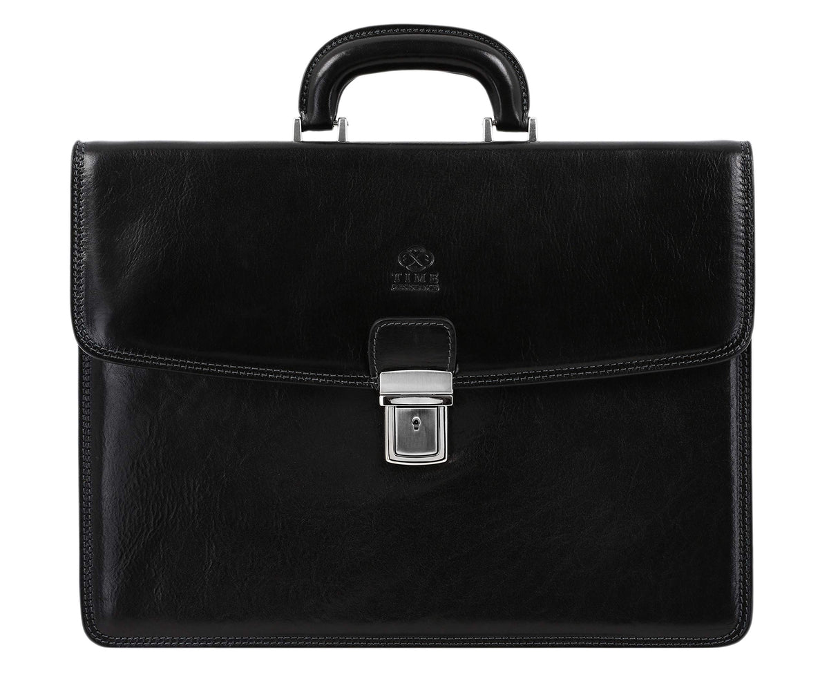 Time Resistance Leather Briefcase - Full Grain Leather Attache Case - Laptop Bag (Black)