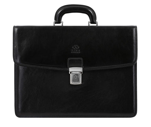 Time Resistance Leather Briefcase - Full Grain Leather Attache Case - Laptop Bag (Black)