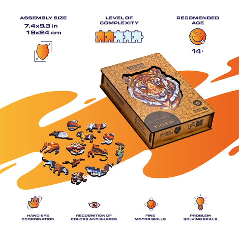 UNIDRAGON Wooden Jigsaw Puzzles - Lovely Tiger, 104 pcs, Small 7.4"x9.3", Beautiful Gift Package, Unique Shape Best Gift for Adults and Kids