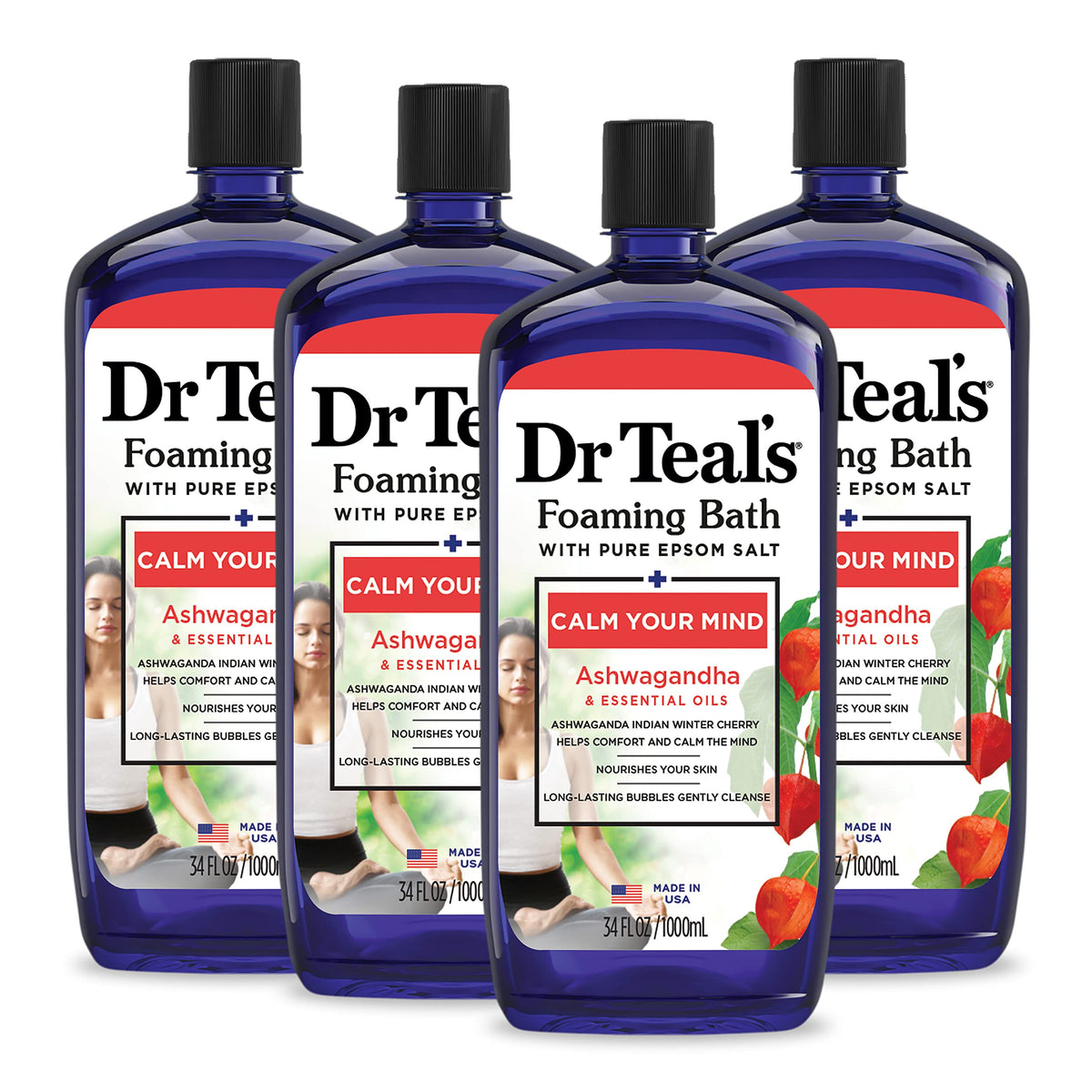 Dr Teal's Foaming Bath with Pure Epsom Salt, Ashwagandha, 34 fl oz (Pack of 4) (Packaging May Vary)