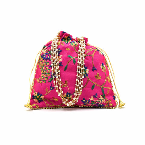 Indian Handmade Potli Bag Women's Embroidered Clutch Purse Pouch Drawstring Bag Wedding Favor Return Gift For Guests, Pink