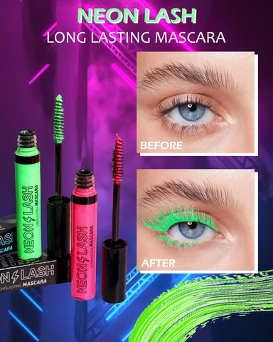 Neon Mascara for Eyelashes-2Pcs UV Glow Blacklight Colored Mascara Volume and Length, Waterproof Smudge-proof Long Lasting Non Clumping Colorful Mascara for Halloween Christmas Parties(Blue+Purple)