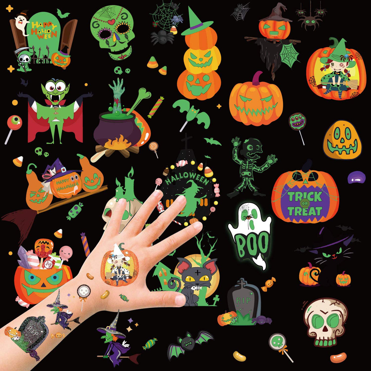Halloween Tattoos for Kids, HOWAF Halloween Temporary Tattoo Glow in the Dark Tattoo Stickers Trick or Treat Party Bag Fillers/Halloween Decorations, Skull, Ghosts, Pumpkins, Vampire, Bats, More
