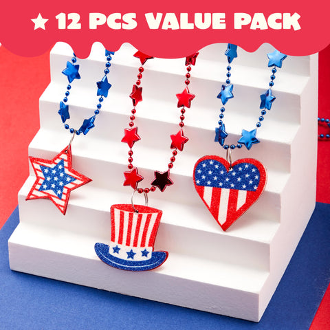 JOYIN 12 Pcs 4th of July Necklaces, Patriotic Star Bead Necklace with USA Hat American map Heart Pendant for 4th of July Party Favors, Independence Day, Memorial Day, Veterans Day, Patriotic Party