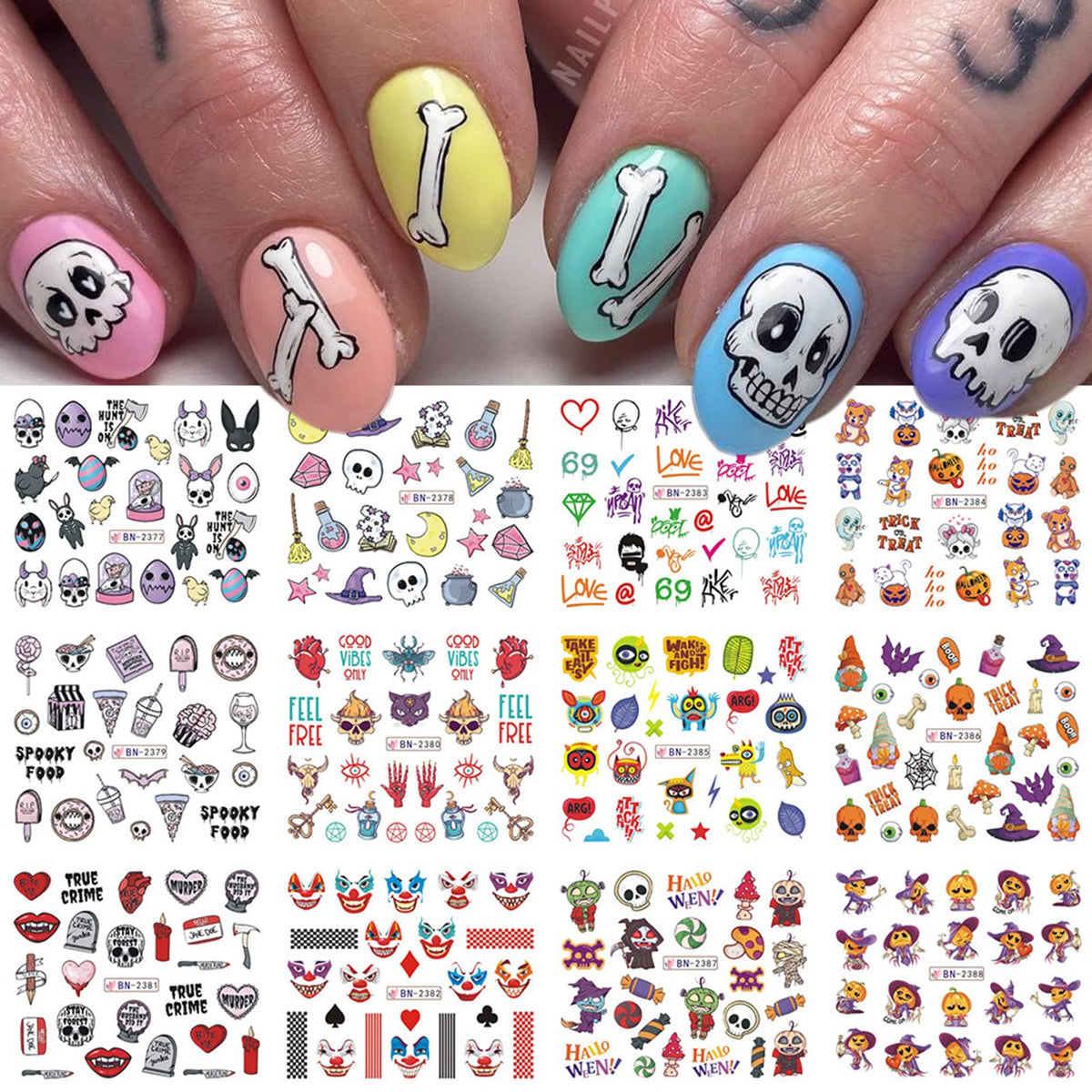 LLAOIMB Halloween Nail Stickers, Pumpkin Bat Nail Decals Self-Adhesive Nail Art Stickers Water Transfer Nail Sticker Skull Ghost Witch Nail Decorations for Nail Art Halloween Heart Clown Nail Supplies