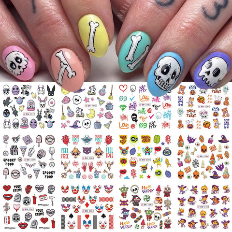 LLAOIMB Halloween Nail Stickers, Pumpkin Bat Nail Decals Self-Adhesive Nail Art Stickers Water Transfer Nail Sticker Skull Ghost Witch Nail Decorations for Nail Art Halloween Heart Clown Nail Supplies