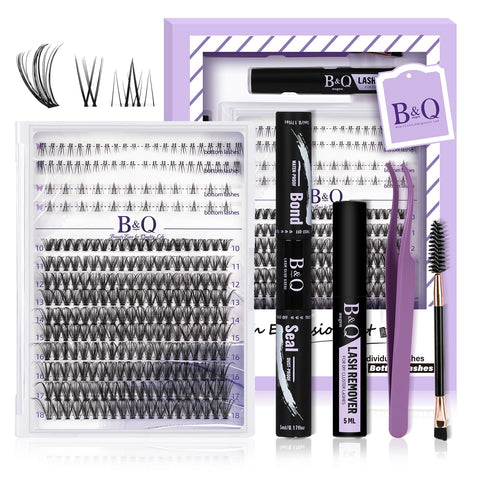 B&Q Eyelash Extension Kit with Bottom Lash Extension 10-18mm 30D D Curl Lash Clusters Kit with Bottom Lashes DIY Lash Extension Kit Bond and Seal Lash Applicator (Kit-30D-D-MIX10-18)