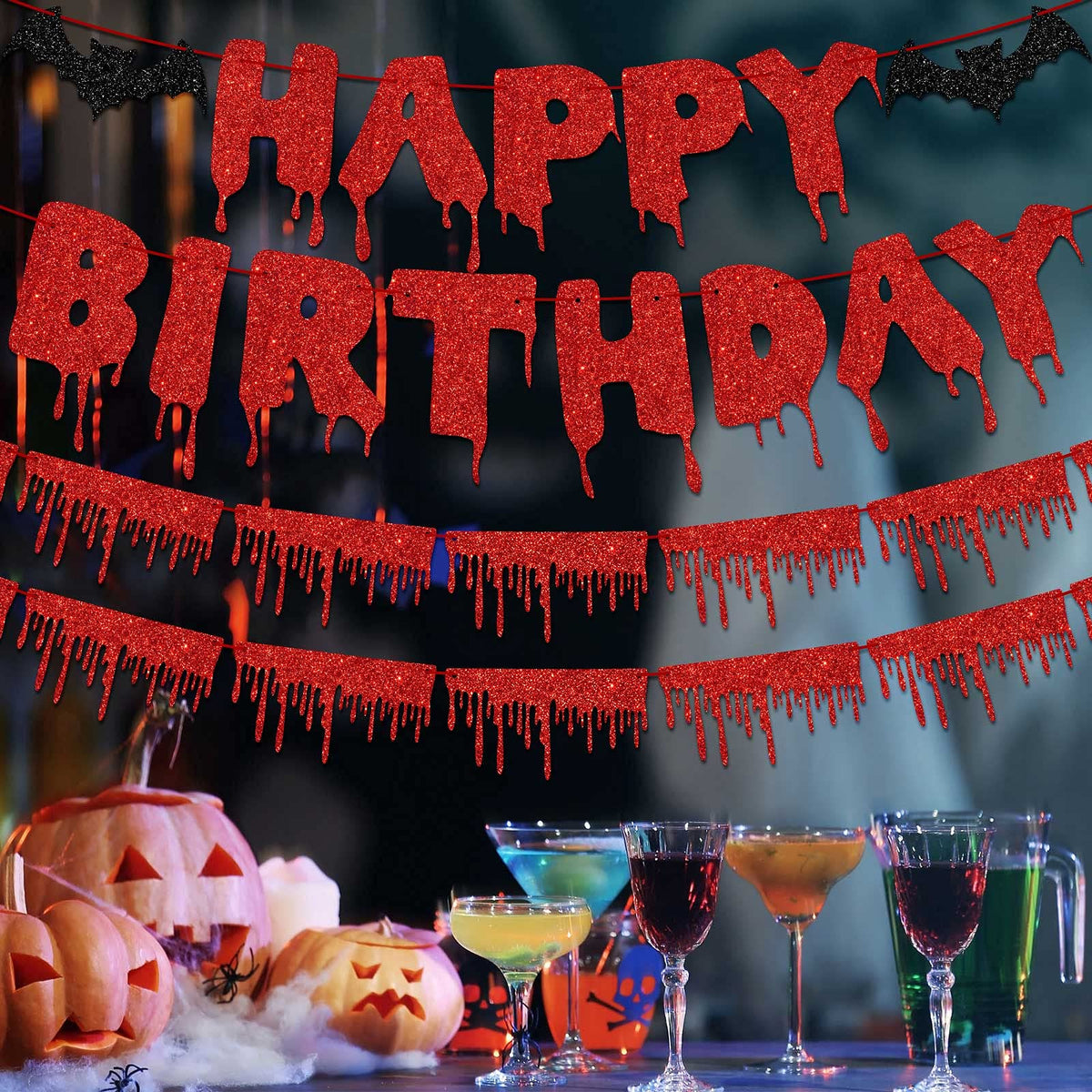 3 Pieces Bloody Birthday Banner Red Glittery Happy Birthday Banner Scary Bloody Banner Red Blood Drop Garland for Vampire Zombie Themed Birthday Party Horror Party Decorations Supplies