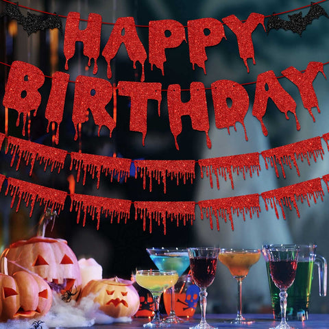 3 Pieces Bloody Birthday Banner Red Glittery Happy Birthday Banner Scary Bloody Banner Red Blood Drop Garland for Vampire Zombie Themed Birthday Party Horror Party Decorations Supplies