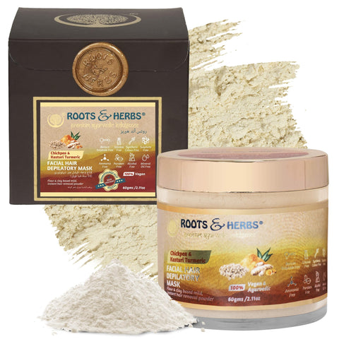ROOTS AND HERBS Chickpea Kasturi Turmeric Facial Hair Removal Powder - For Men Women, Chin, Jawline Upper Lips - Depilatory Mask With Ayurvedic Herbs - Roots Herbs, 1 Ounce (Pack of 1)