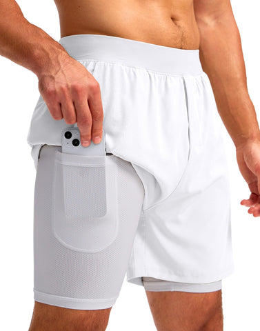 Soothfeel Men's 2 in 1 Running Shorts with 4 Pockets 5 Inch Quick Dry Gym Active Workout Athletic Shorts for Men with Liner(White, M)