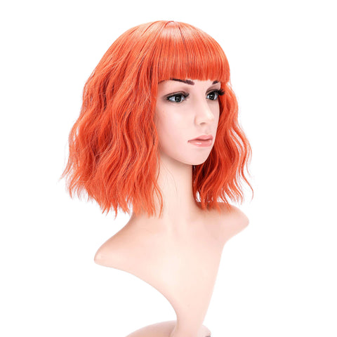 VCKOVCKO Short Bob Wigs Pastel Wavy Wig With Air Bangs Women's Shoulder Length Wigs Curly Wavy Synthetic Cosplay Wig Pastel Bob Wig for Girl Colorful Costume Wigs(12", Orange)